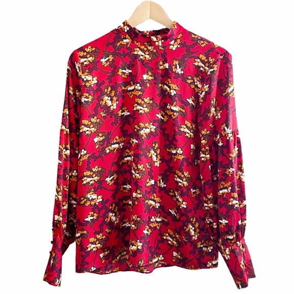 Ann Taylor Red Floral Floral‎ Mock Neck Printed Long Sleeve Blouse Top Small - Picture 4 of 11